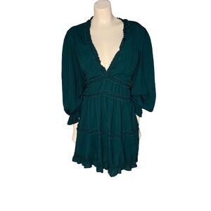 Green midi dress with‎ ruffle sleeves and V-neckline Size L